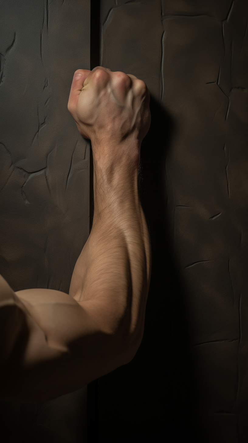 Man pressing forearm into wall