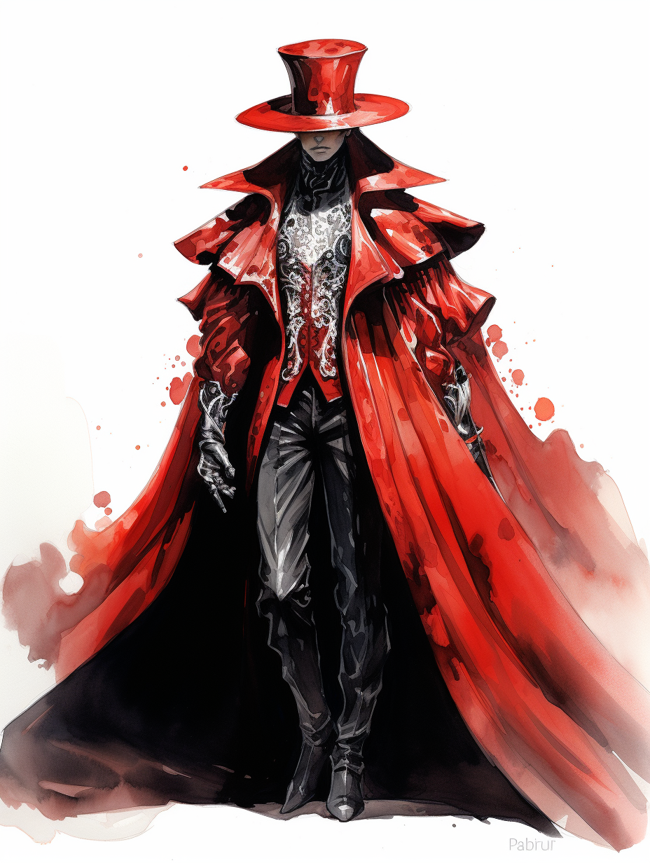 Fashionable man in futuristic baroque cape and hat suit