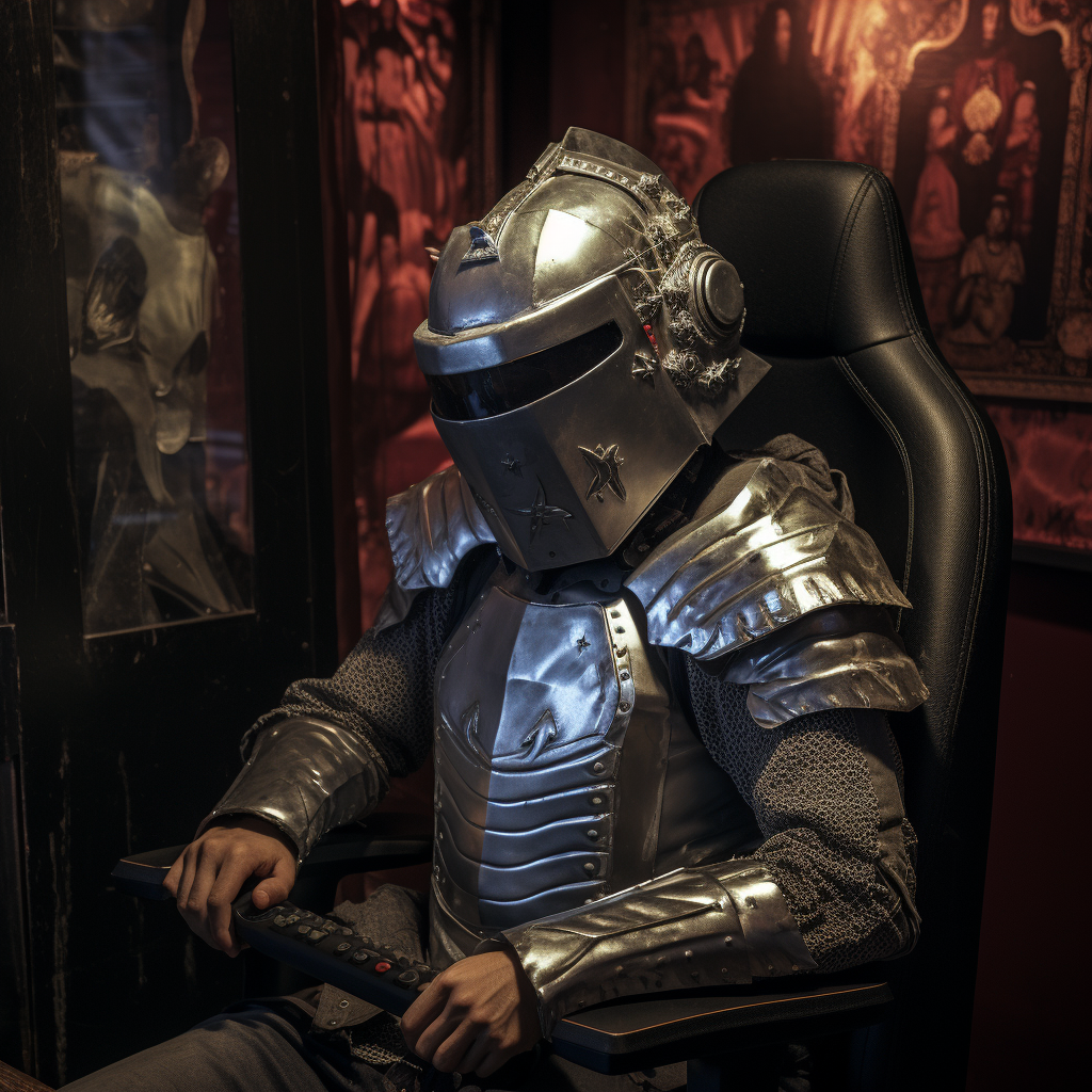 Man playing video games wearing knight helmet