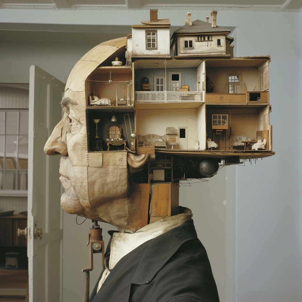 Man with Giant Head and Dollhouse