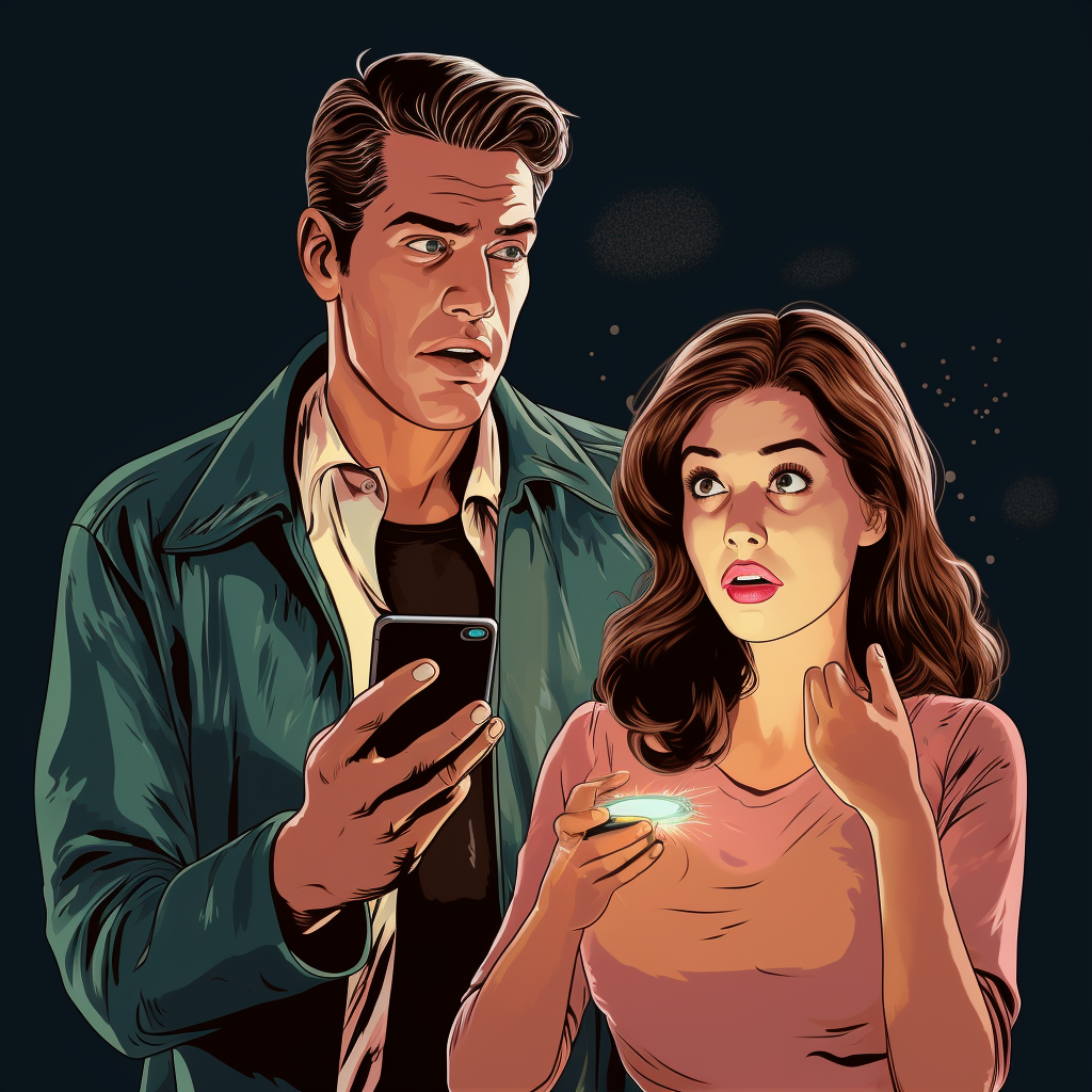 Man and girl on cell phones - comic style