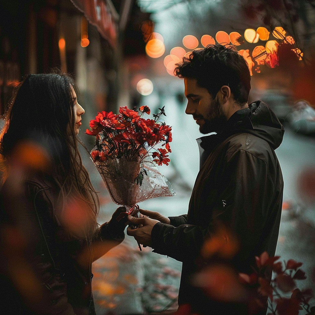 man giving flowers to girlfriend