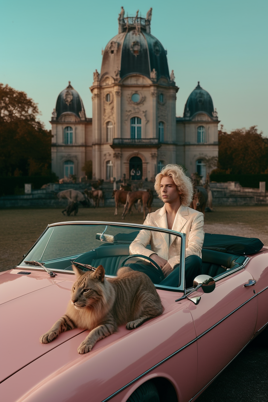 Man with Golden Hair in Convertible with Cats