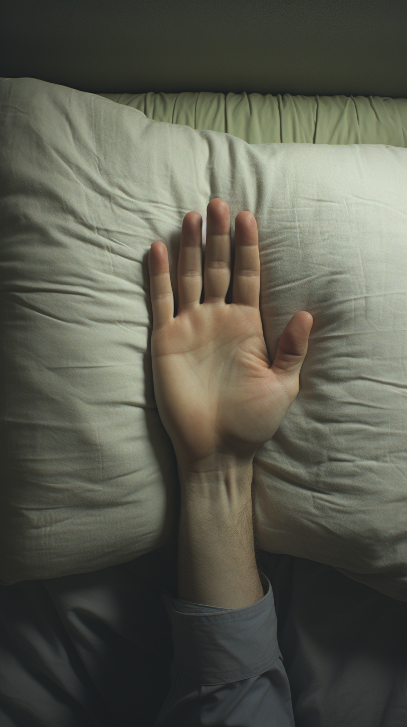 Man's hand on pillow, fingers spread