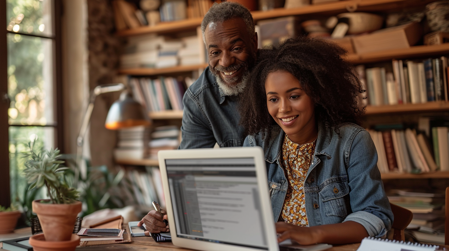 Man helping wife with QuickBooks software