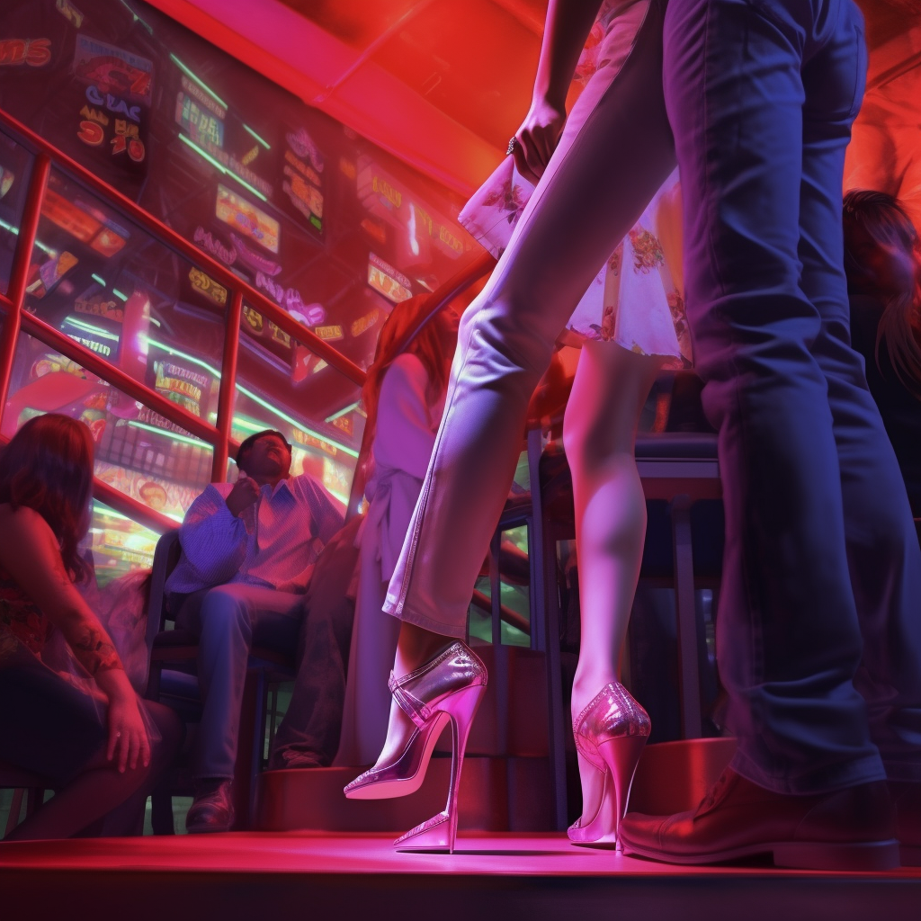 Stylish man rocking high heels at rave club