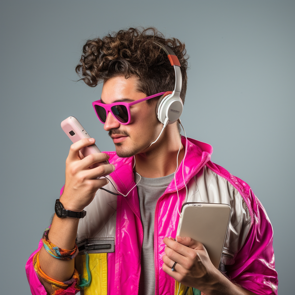 Man using vintage cellphone