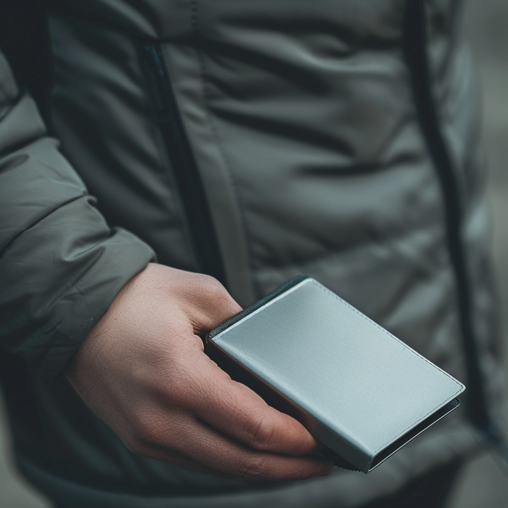 man holding aluminum wallet