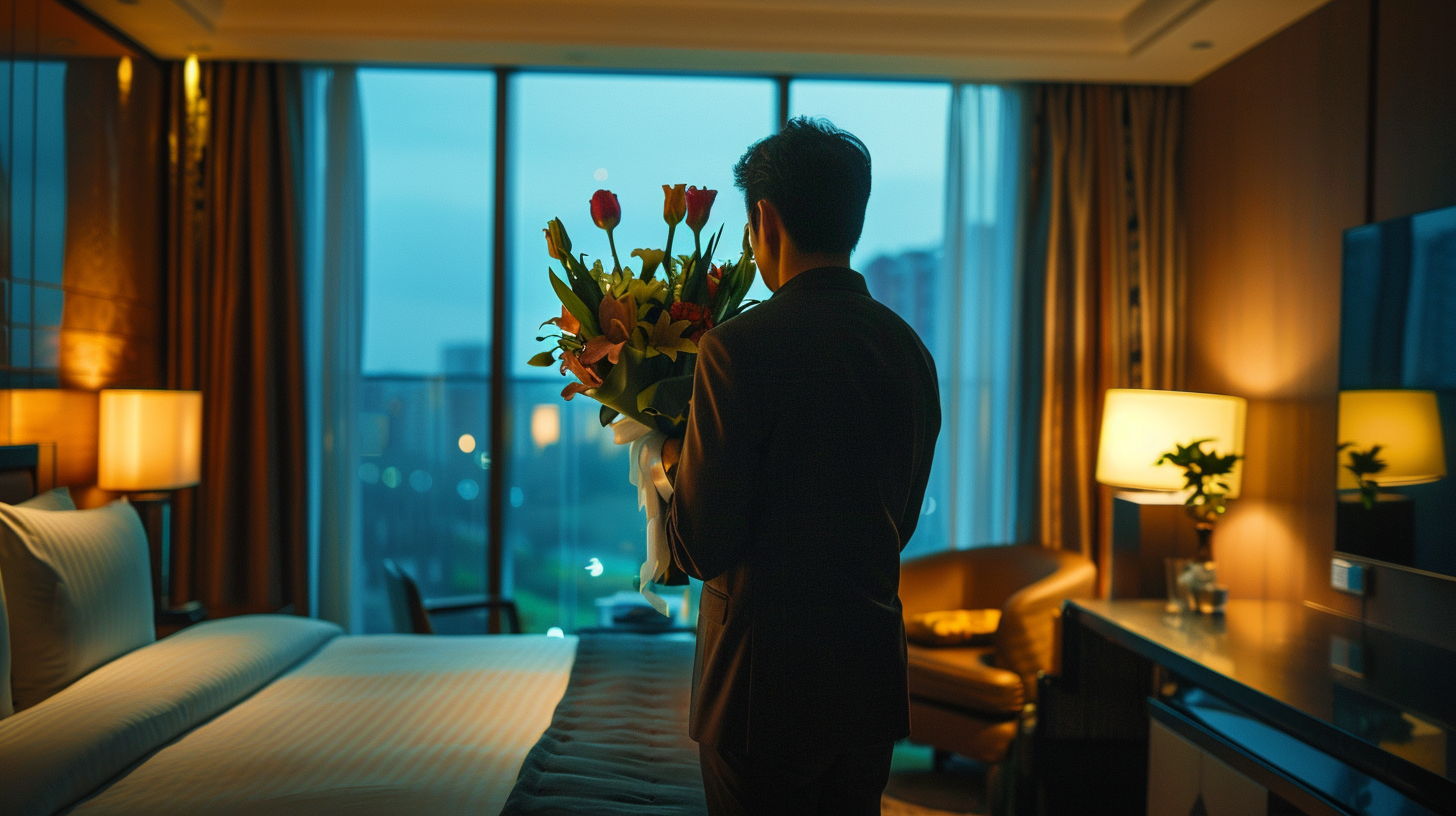 Man holding bouquet in hotel room