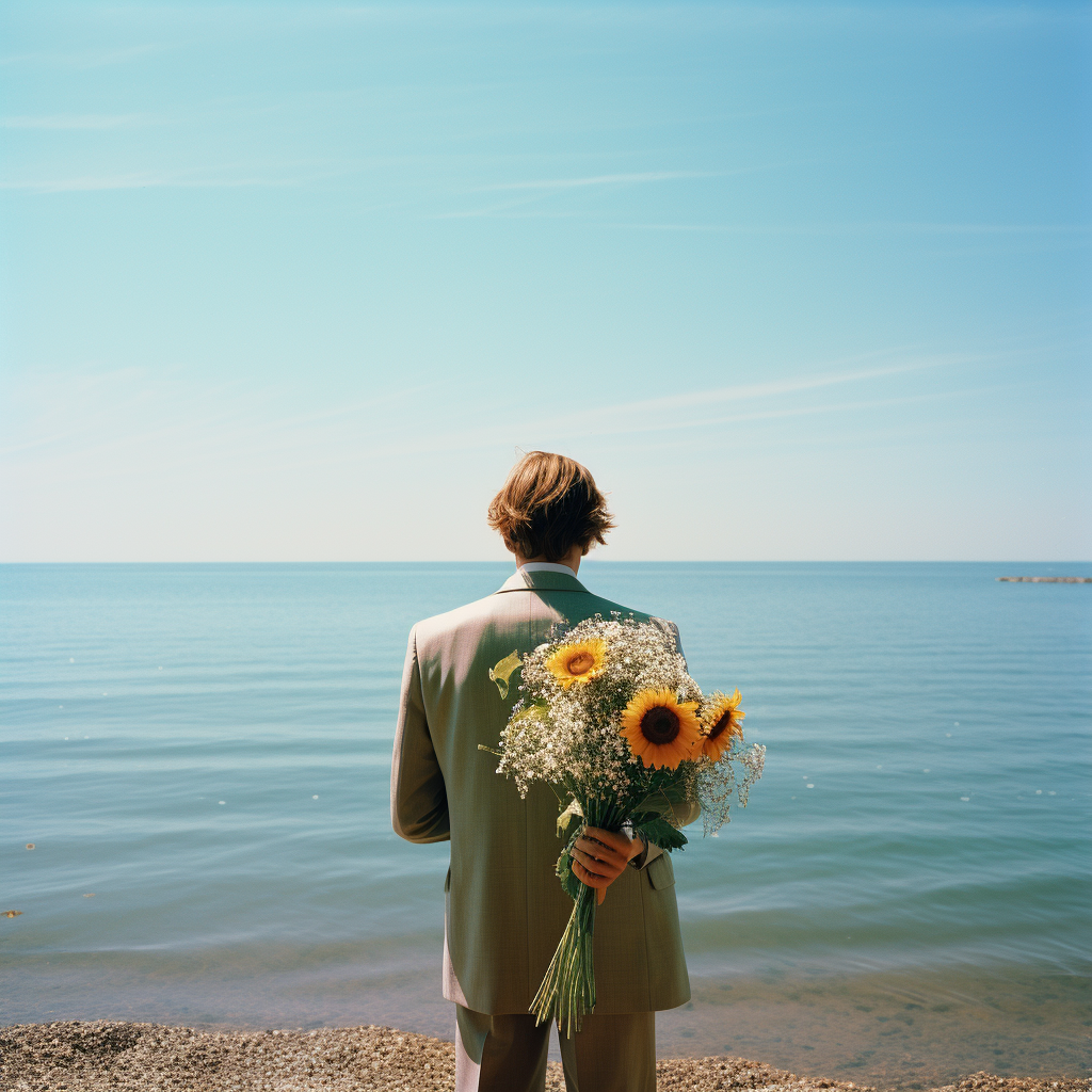 Man holding sunflowers by the sea