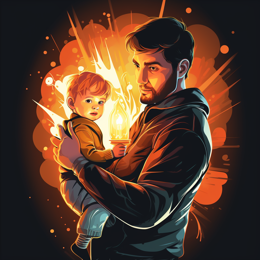 Man holding child with flame torch against bacteria