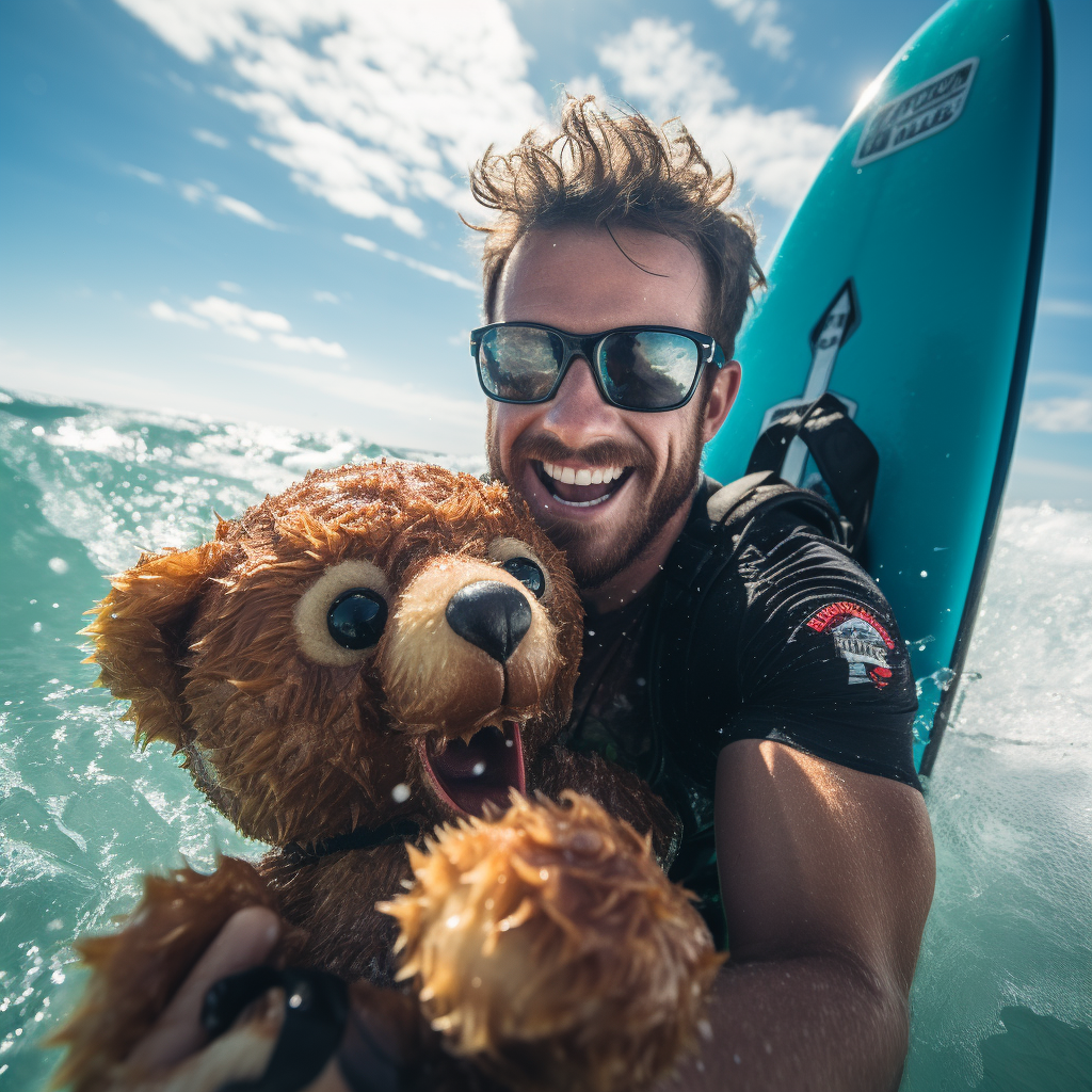 Man holding Freddy Fazbear plush while surfing