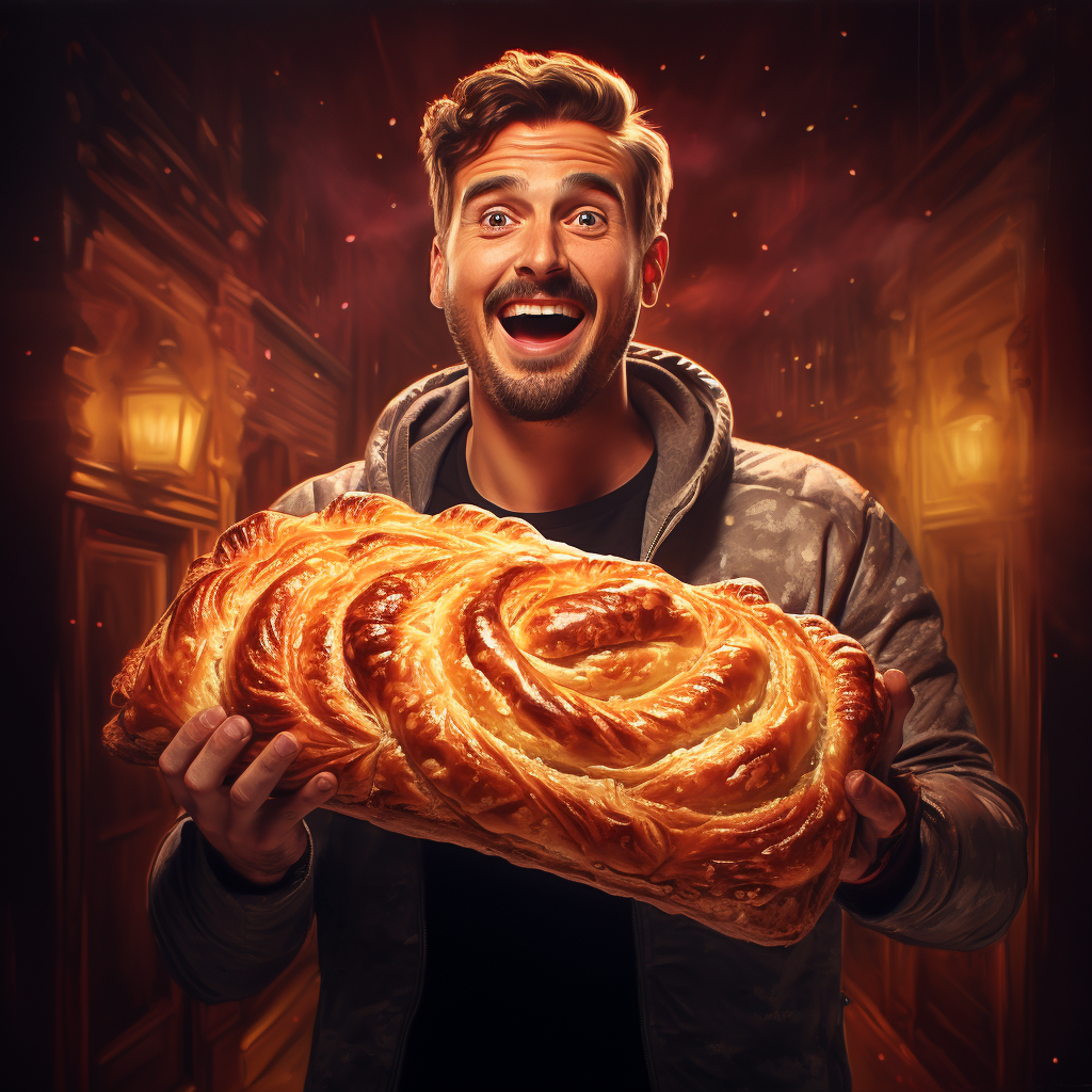 Man holding giant pain au chocolat