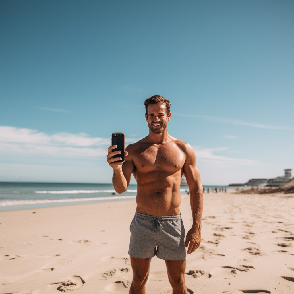 Man holding phone on beach side