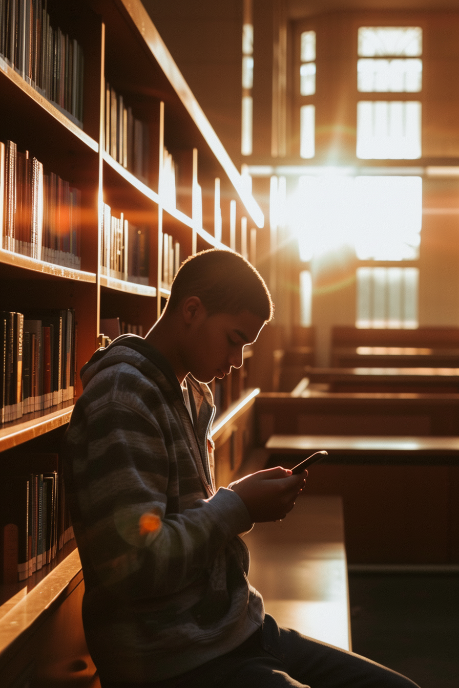 Man holding phone in library