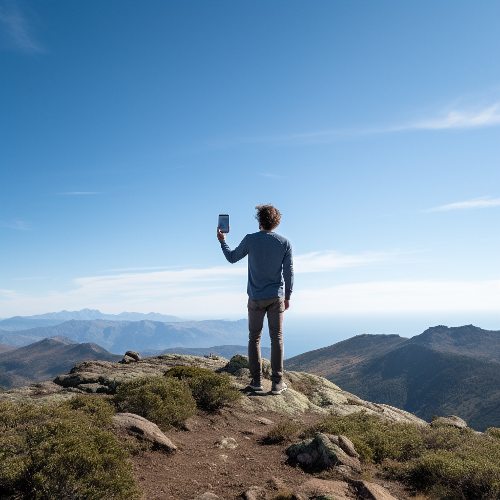 Man holding phone in mountain