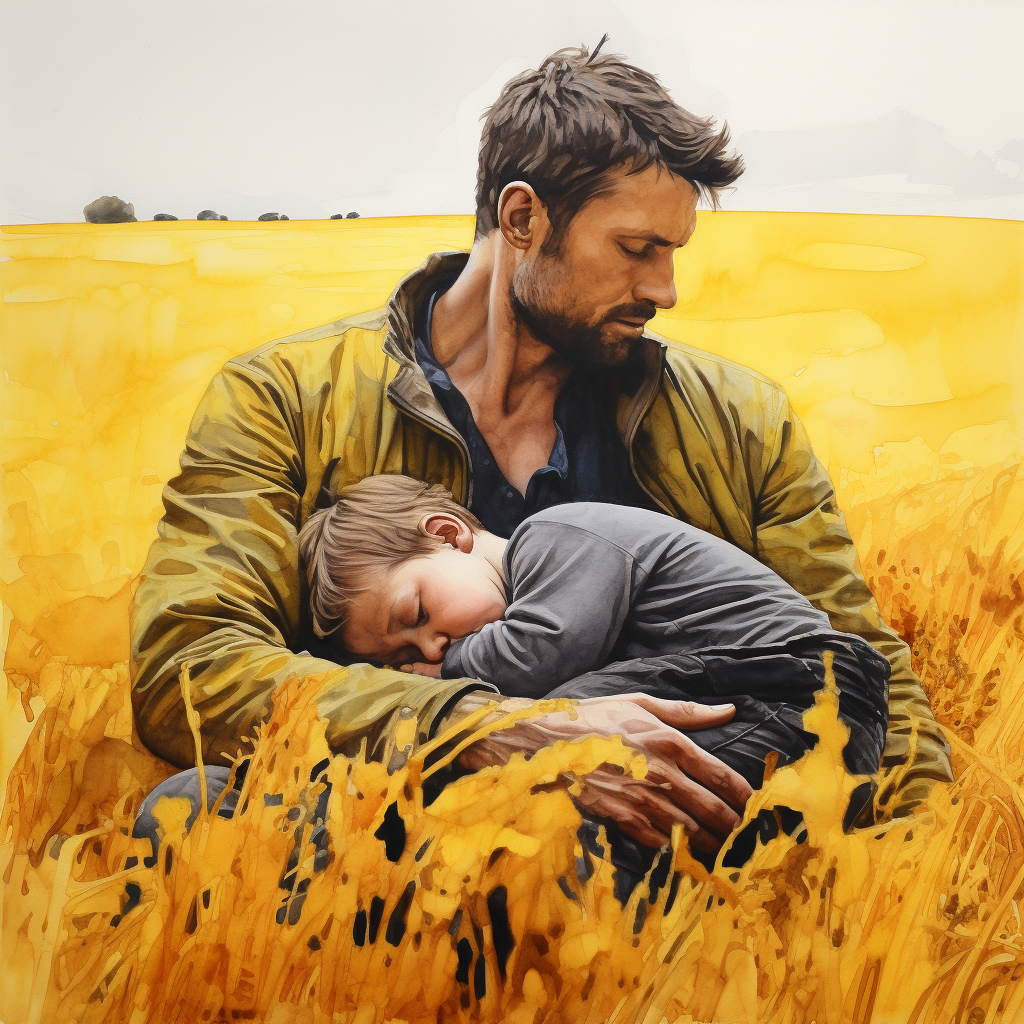 Man Holding Sleeping Baby, Yellow Field Painting