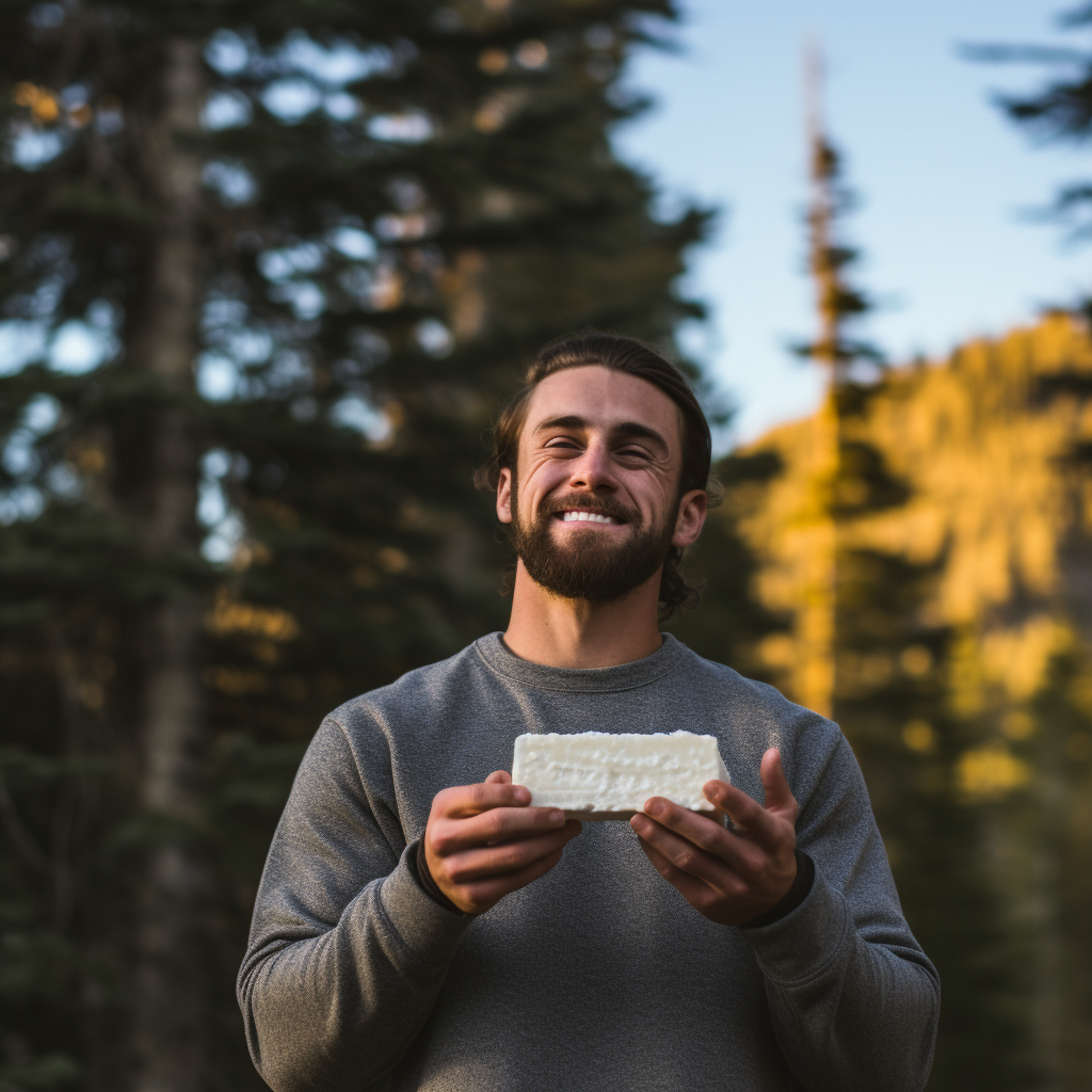 Man holding soap bar on mountain