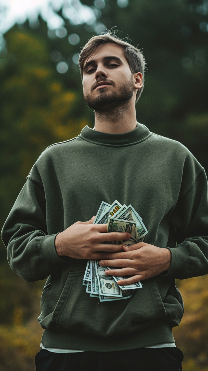 Man holding stomach with money