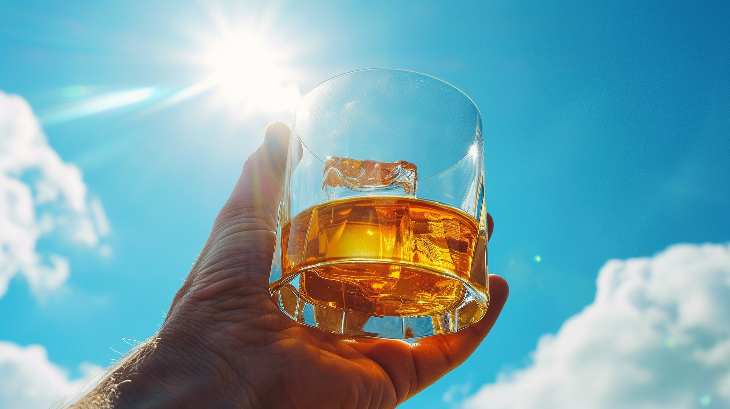 man holding whiskey glass blue sky