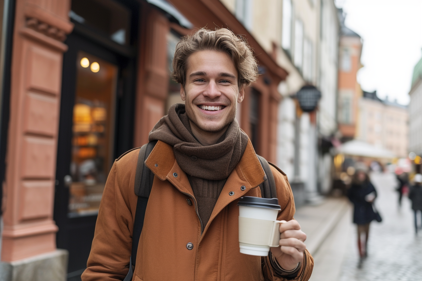 Smiling man with white coffee cup