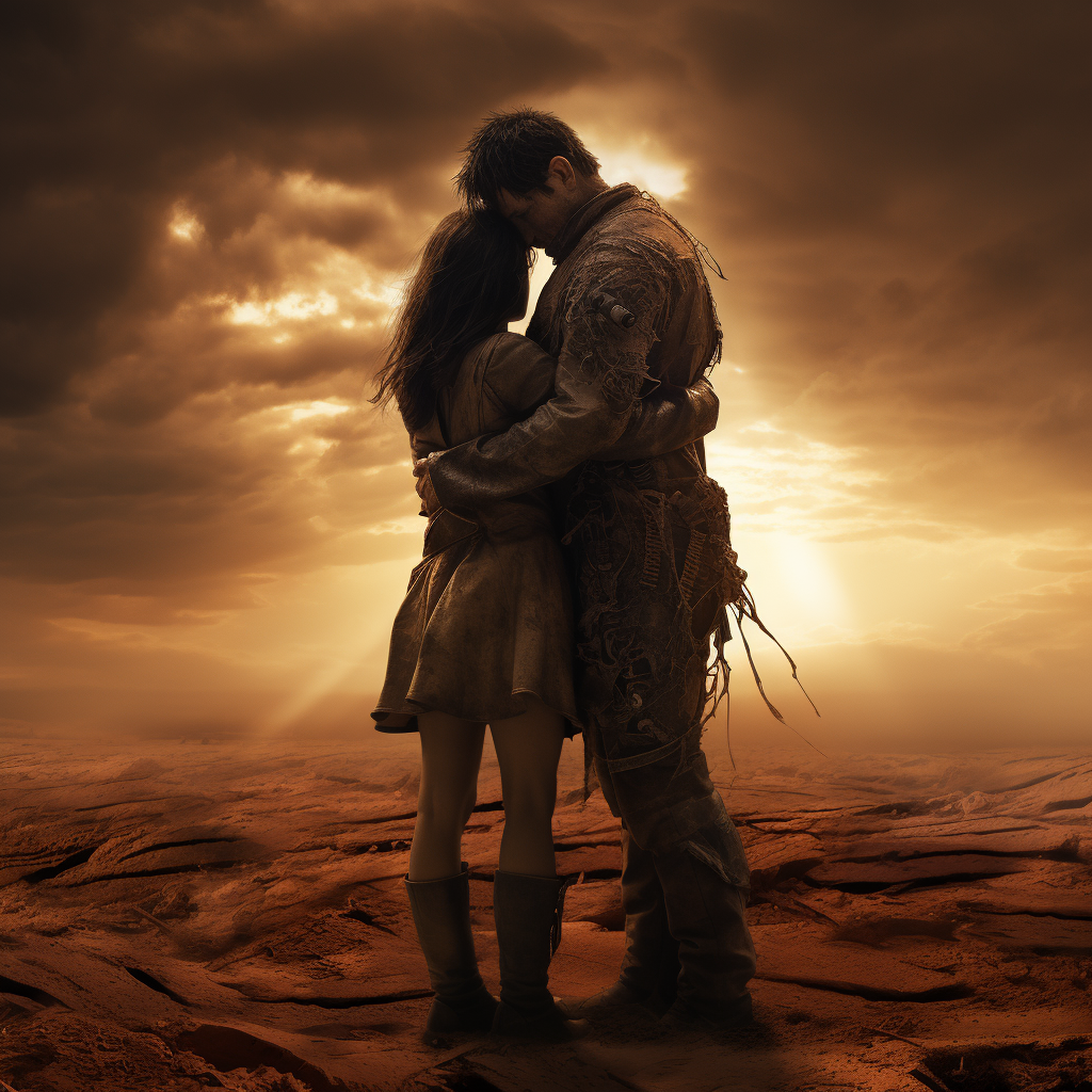 Man holding woman in barren wasteland