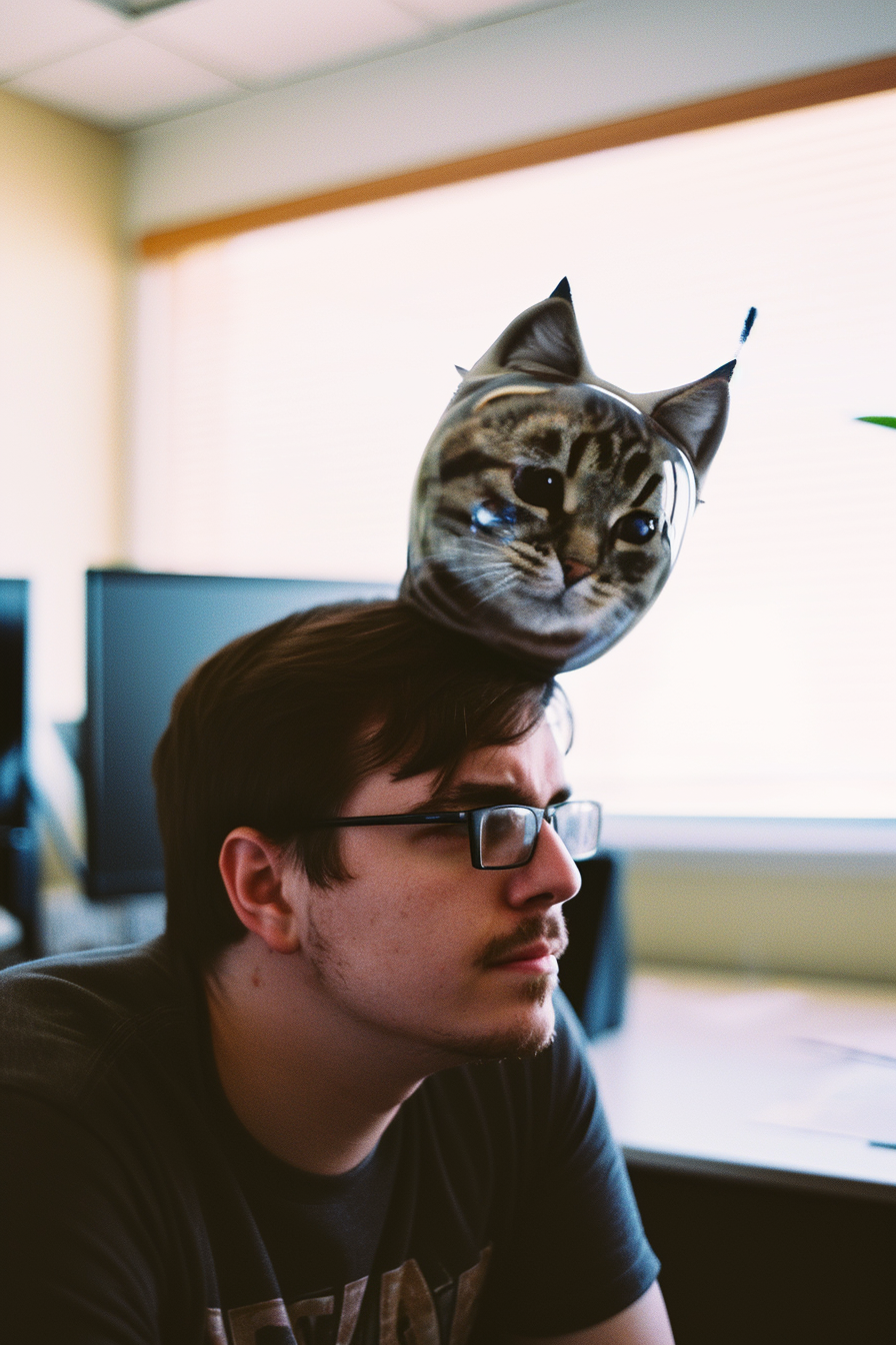 Amateur man wearing cat bubble head