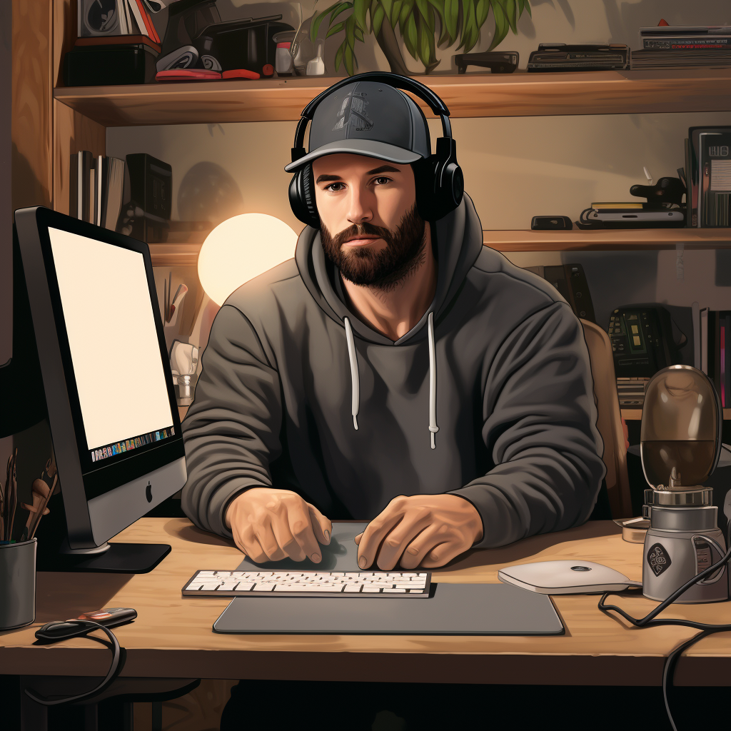 man in hoodie working at computer