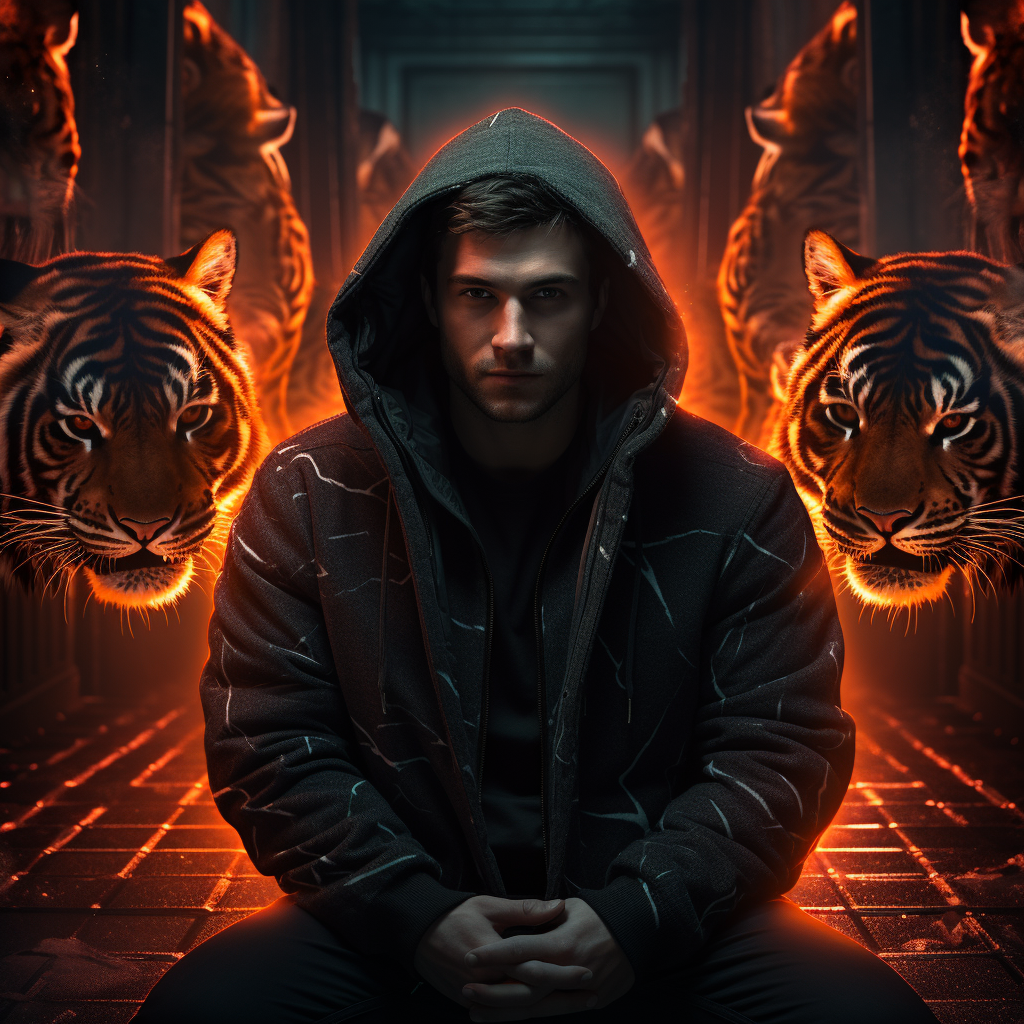 Man wearing hoodie surrounded by neonlights