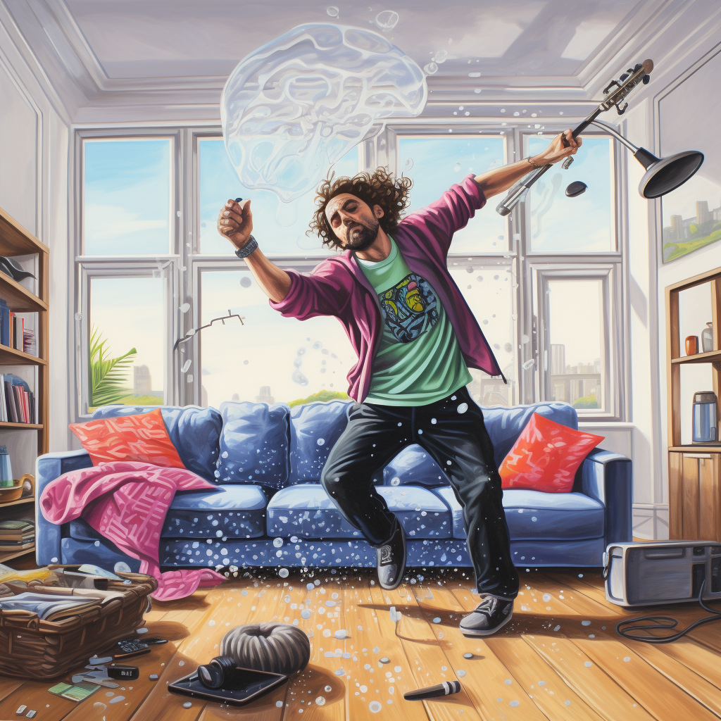 Man dancing while house cleaning