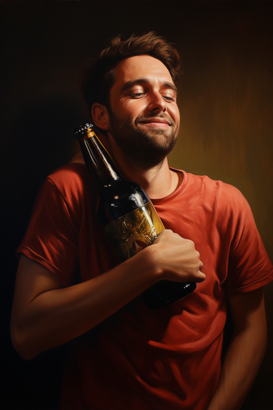 Man embracing beer bottle with joy