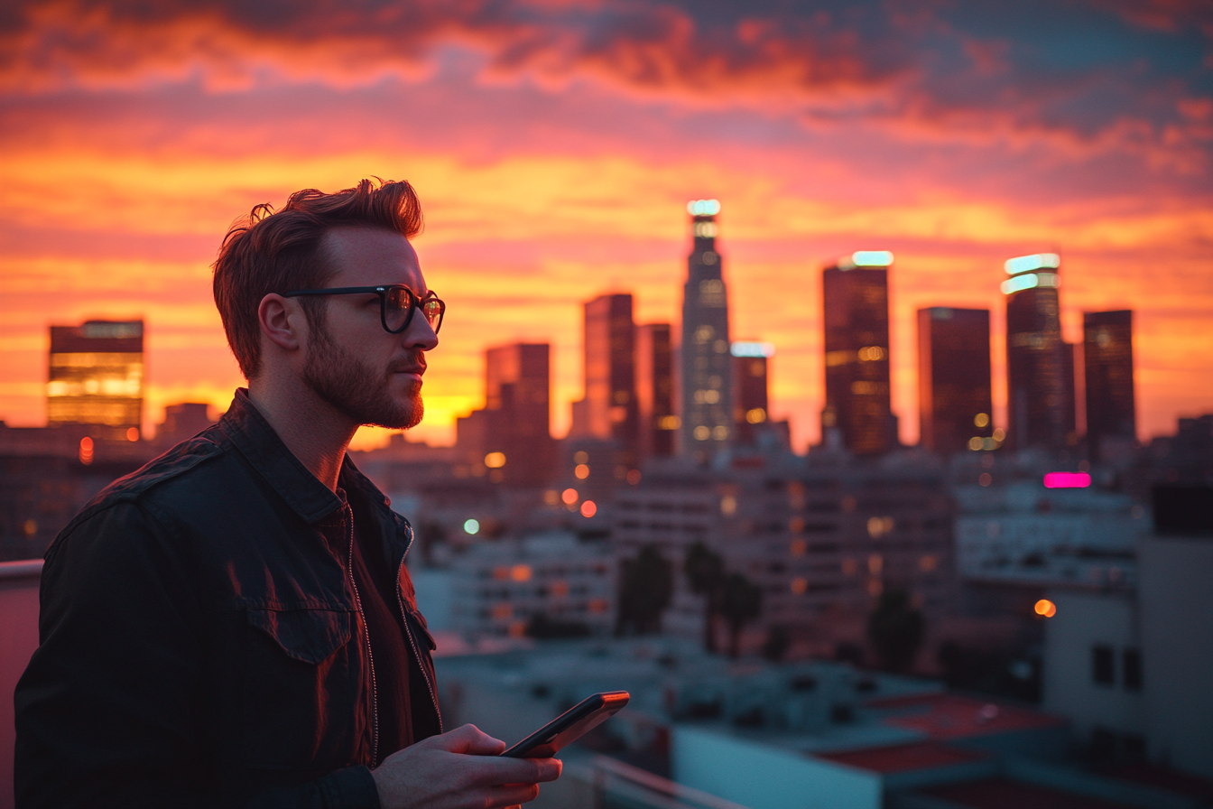 man in 30s on LA rooftop, resolute face, holding phone