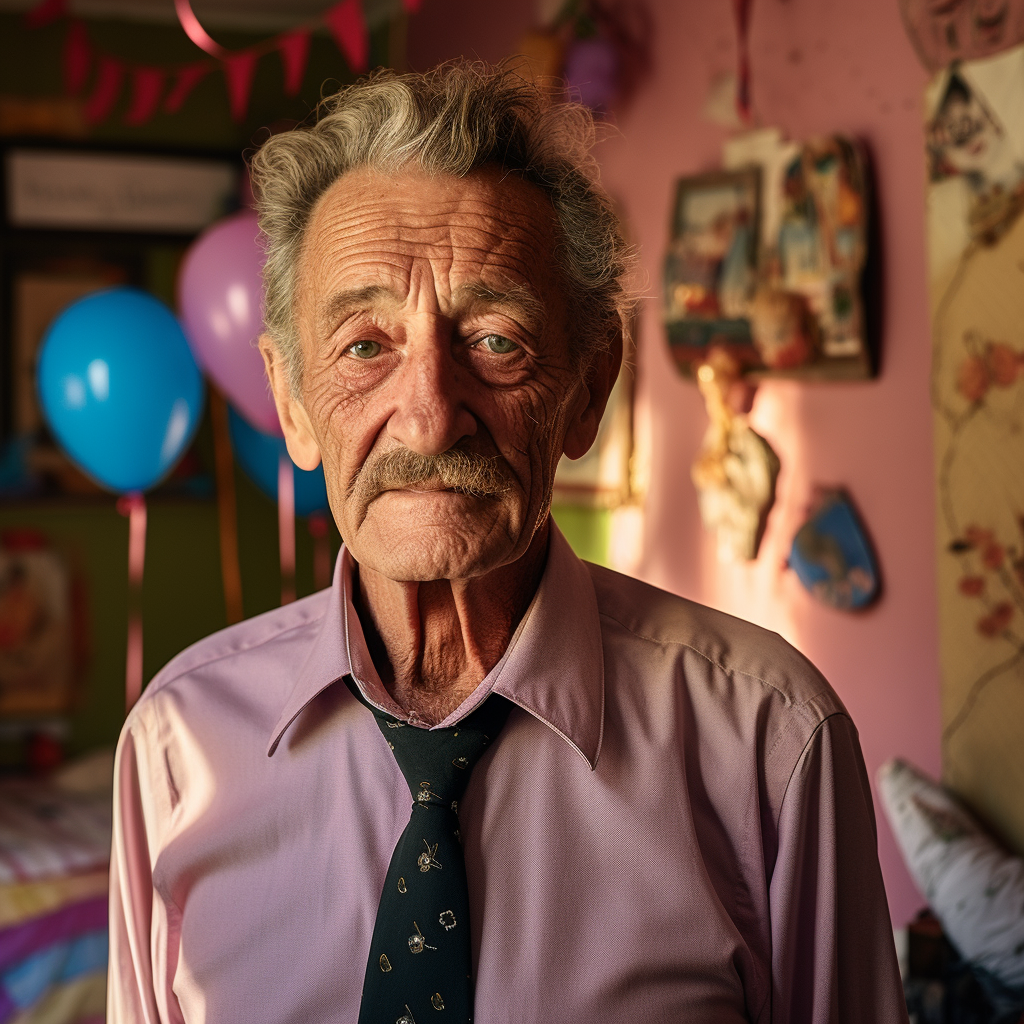 Elderly man winking in bedroom photo