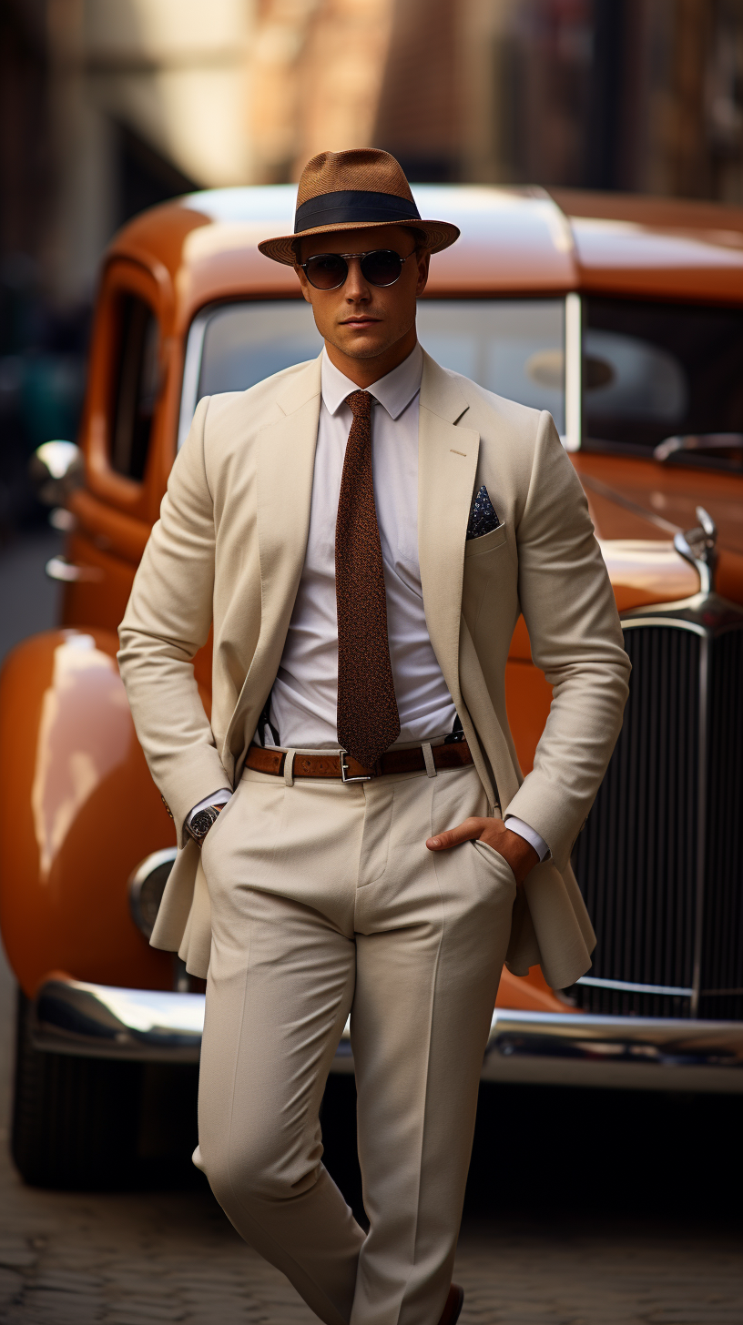 Man in modern attire posing with 1990s car