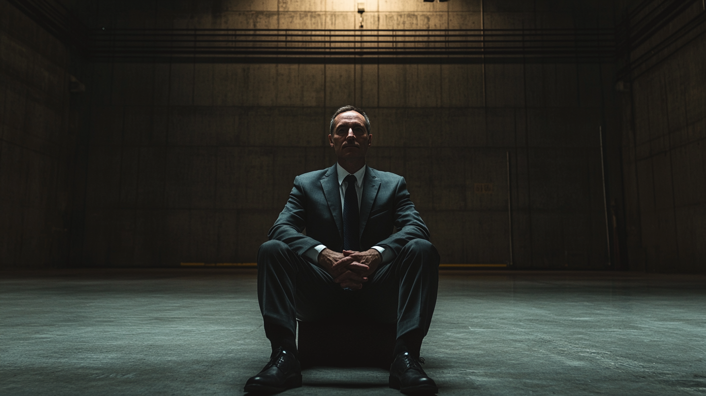 man in suit sitting in big dark hall