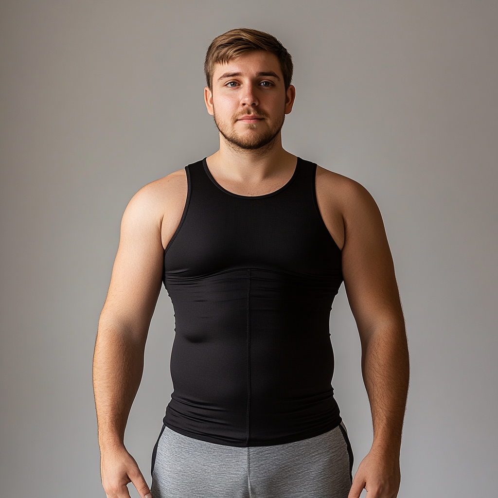 man in tight black tank top, round body shape