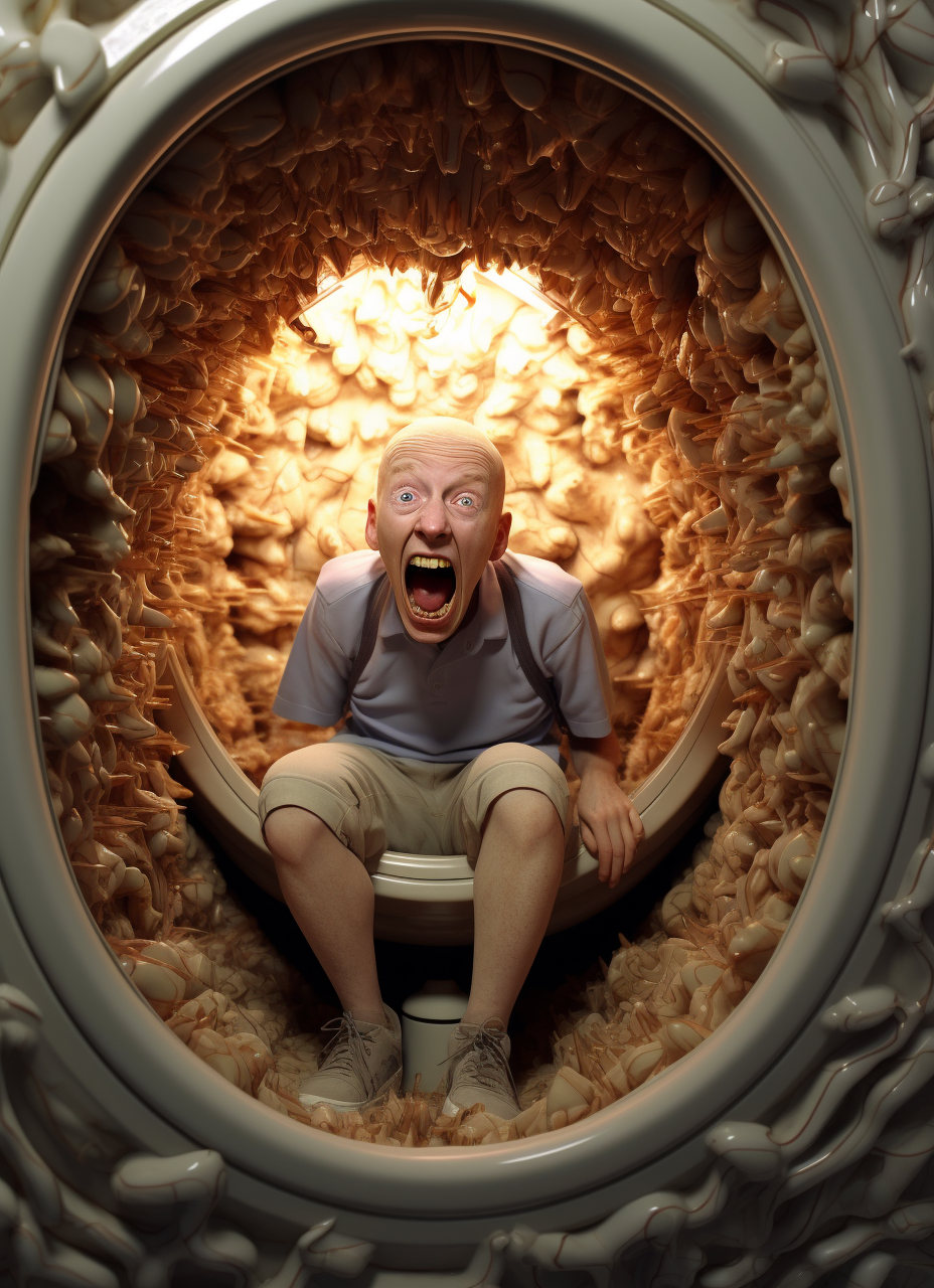 Man sitting inside a toilet bowl