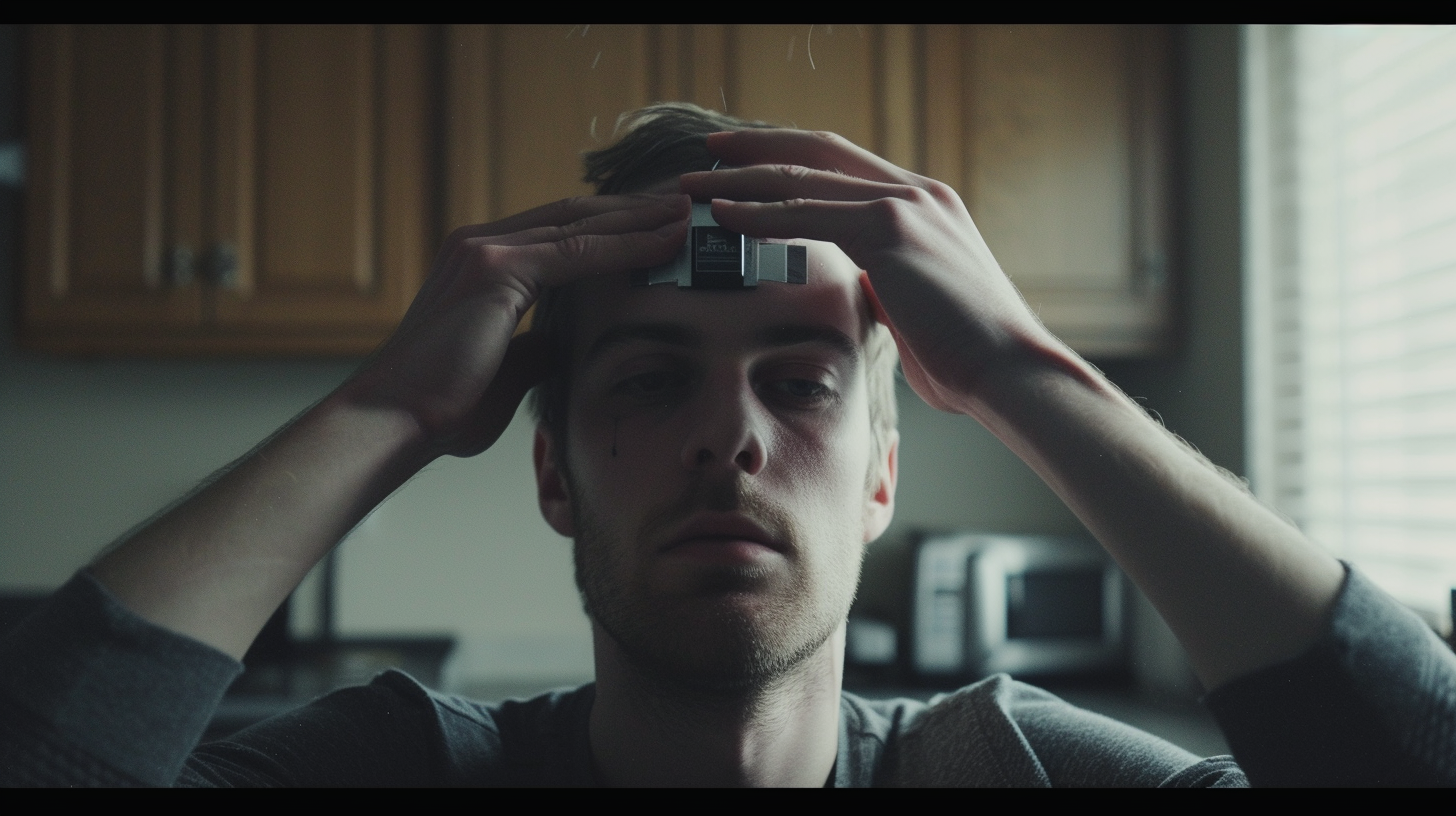 Man inserting flash drive into head