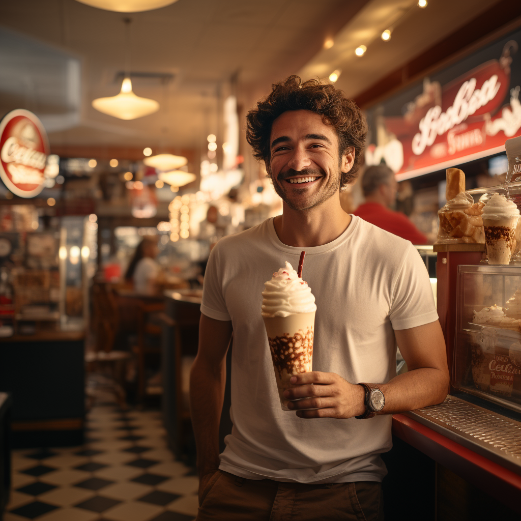 Man on ladder sipping giant milkshake in fast food restaurant