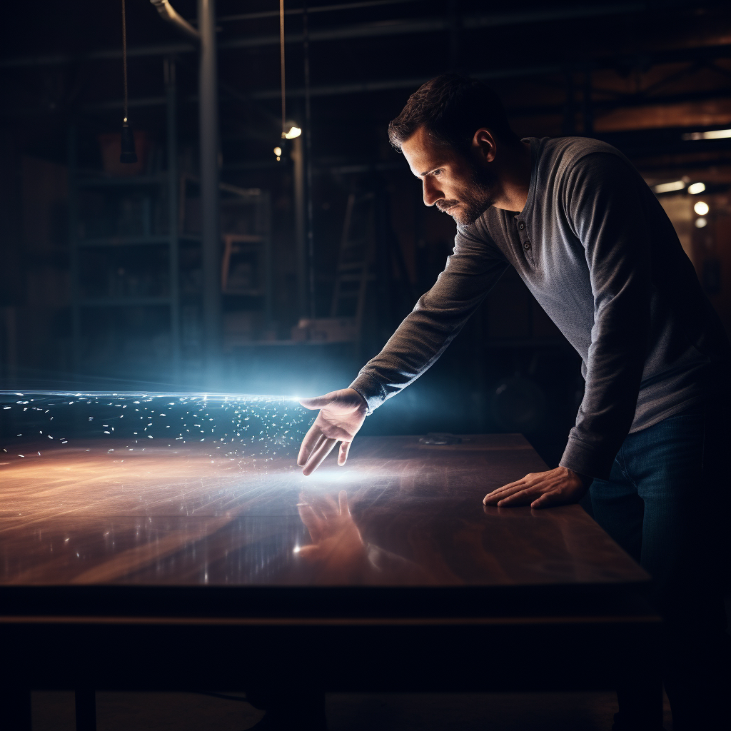 Man closely examining shiny table surface