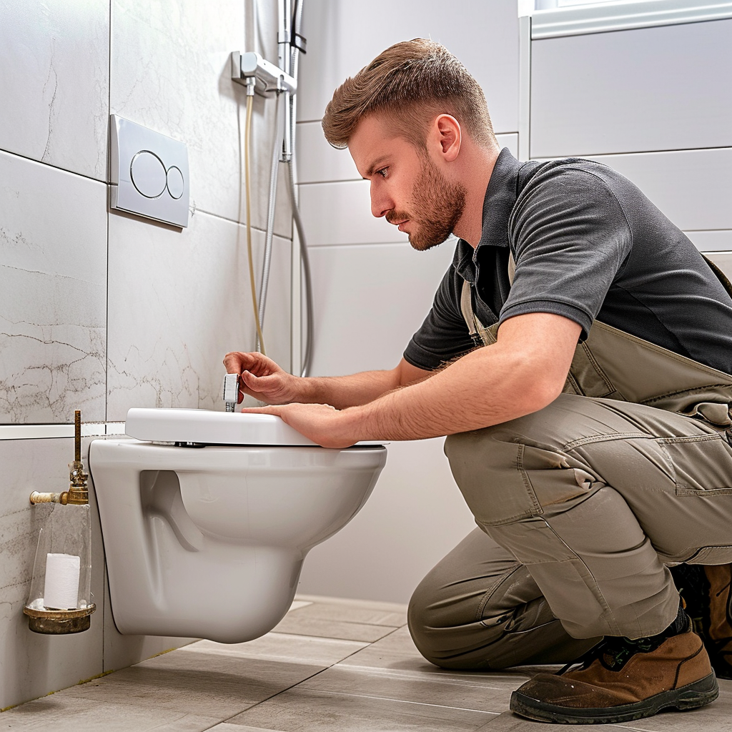 Man installing toilet in bathroom