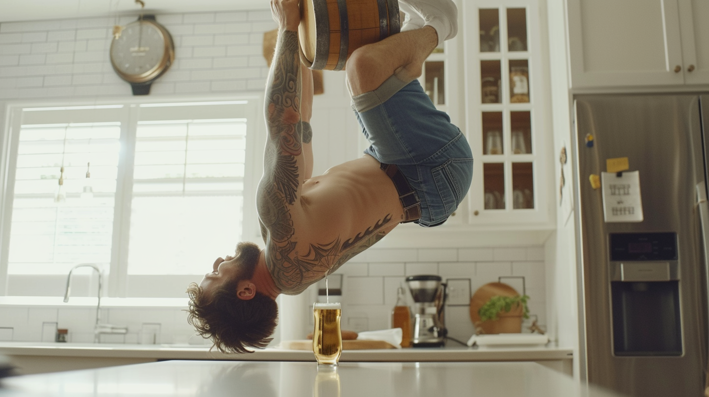 Man doing keg stand in kitchen