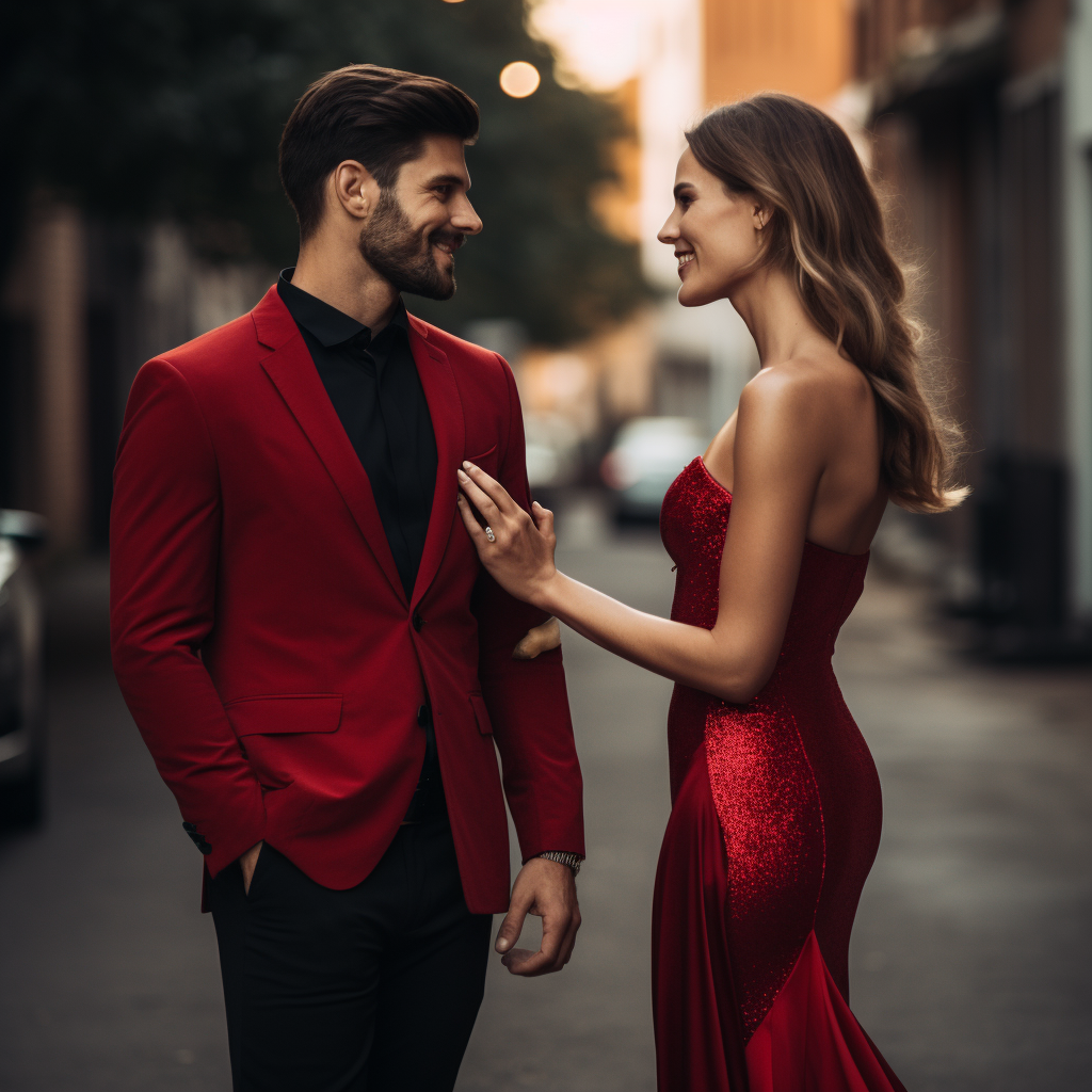 Man looking at lady in red dress holding hands