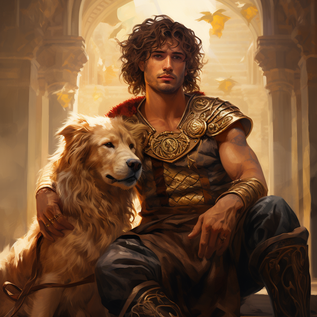 Attractive man with lion pet and Dalmatian in armor