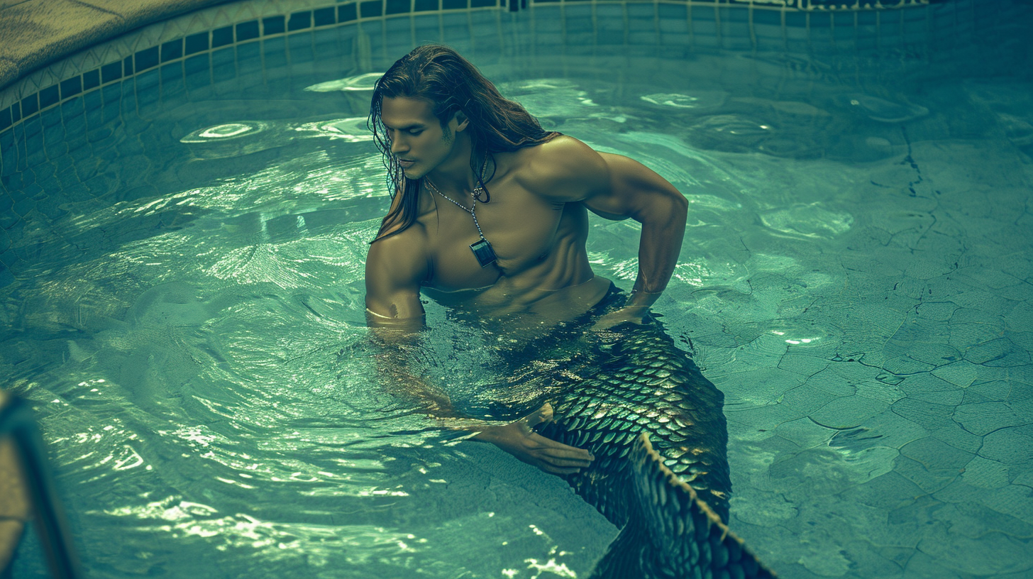 Man with Long Hair Mermaid in Pool