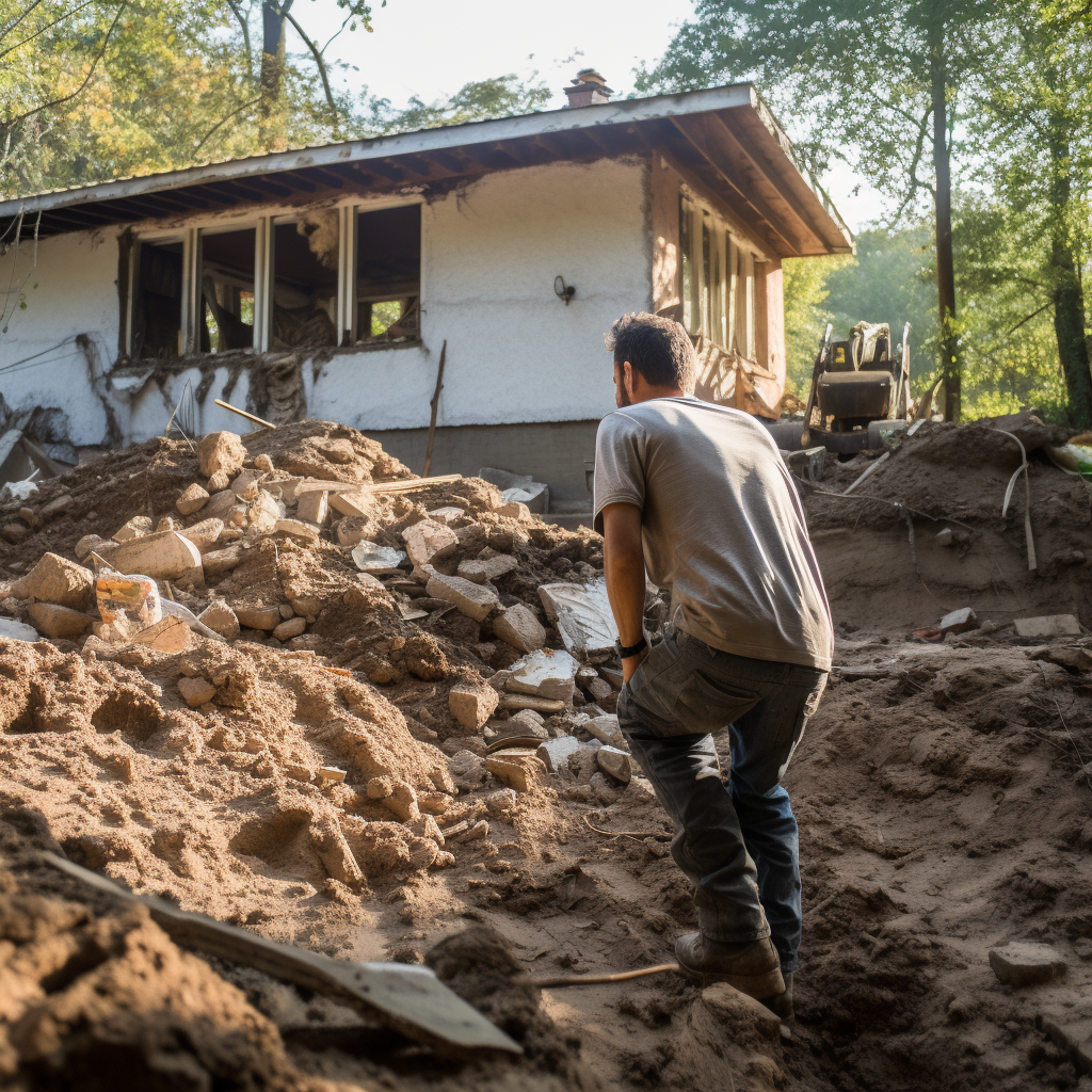 Man looking at house foundation