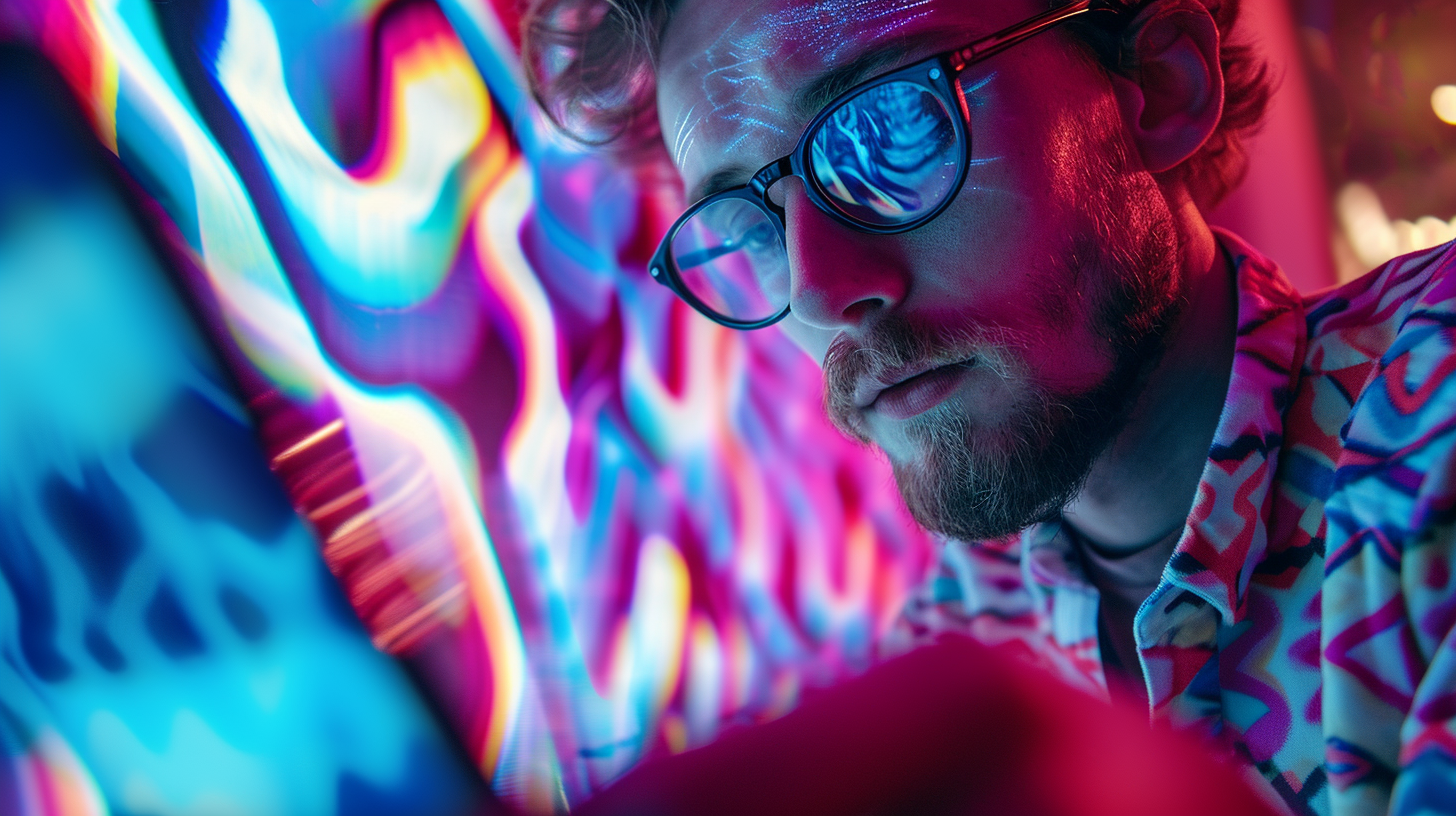 Man Looking at Phone with Trippy LSD Visuals