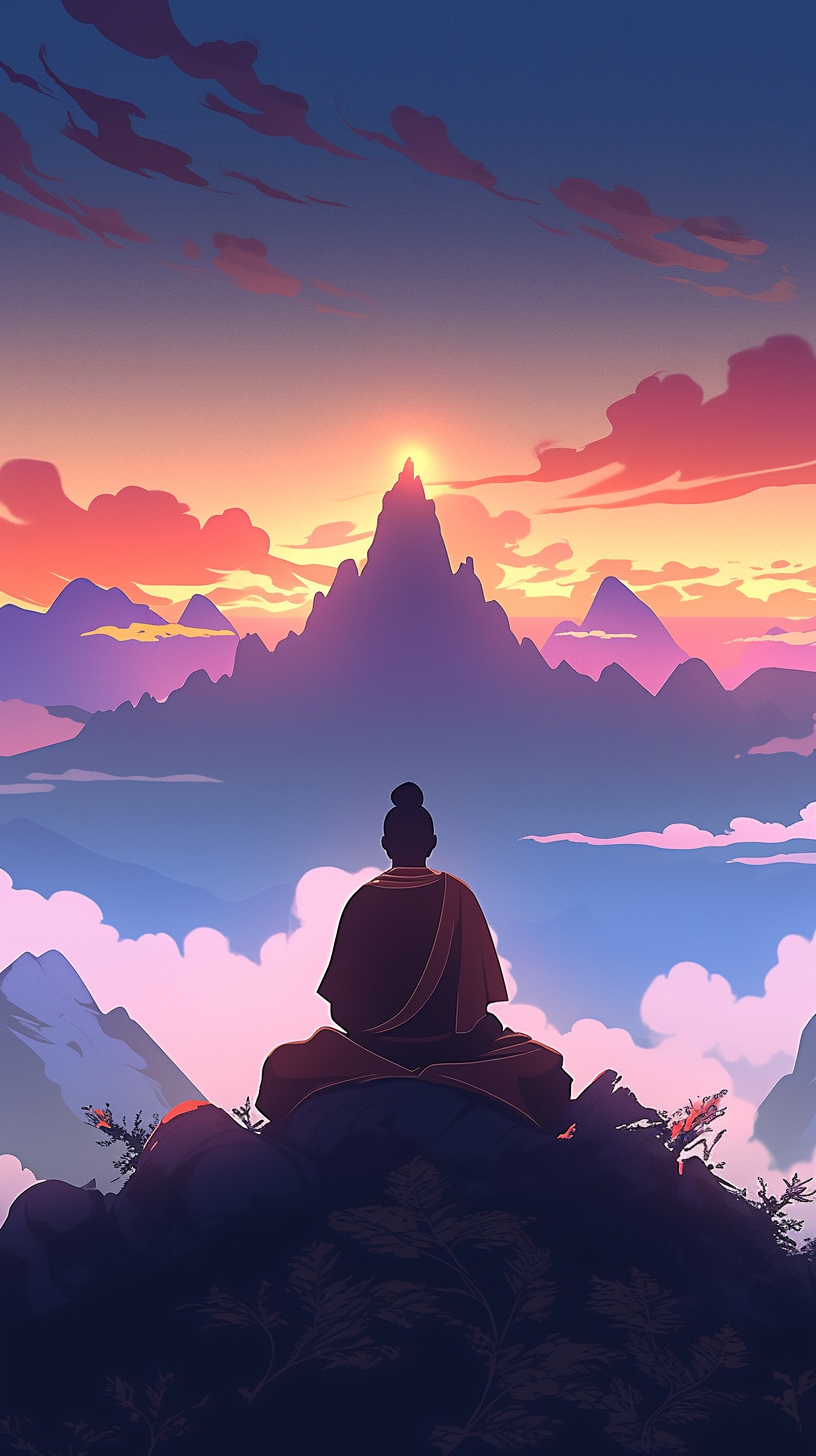 Man meditating on mountain at sunset