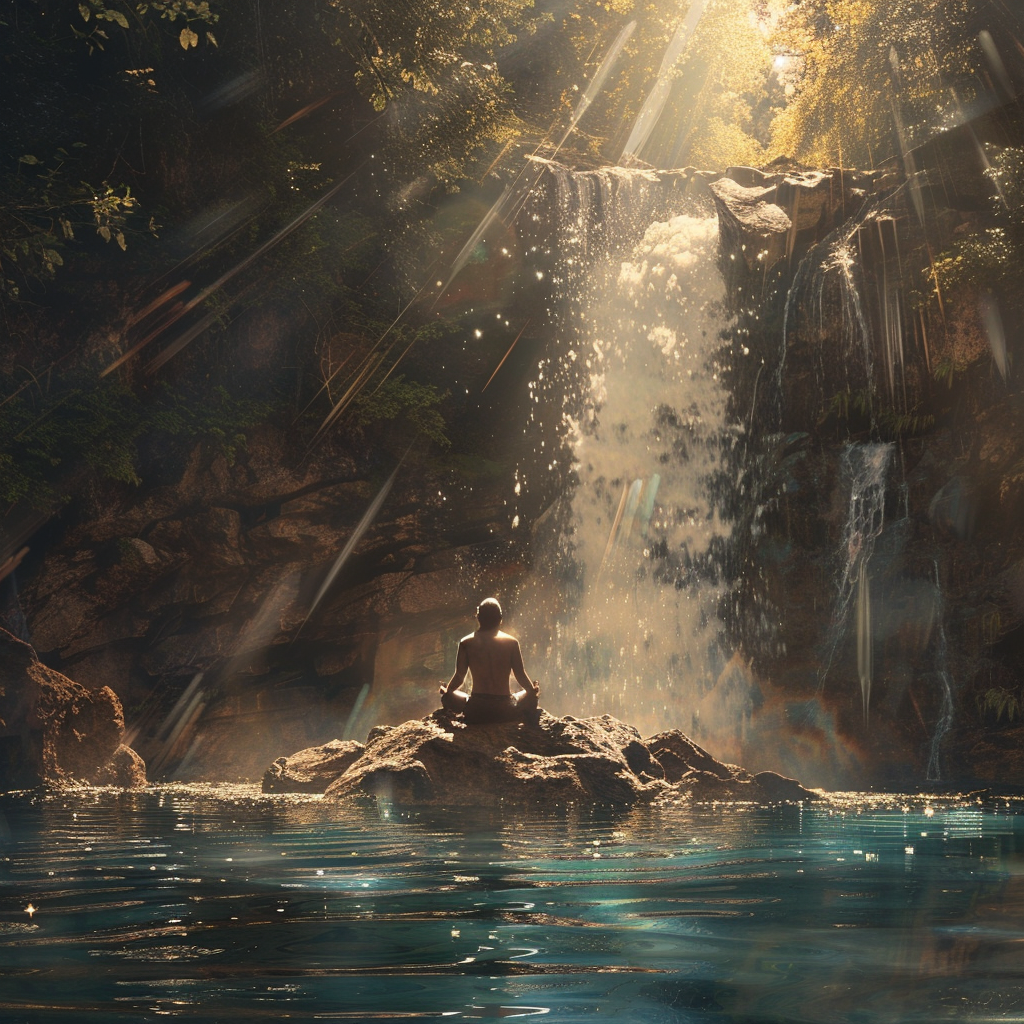 Man Meditating in Waterfall Sunlight