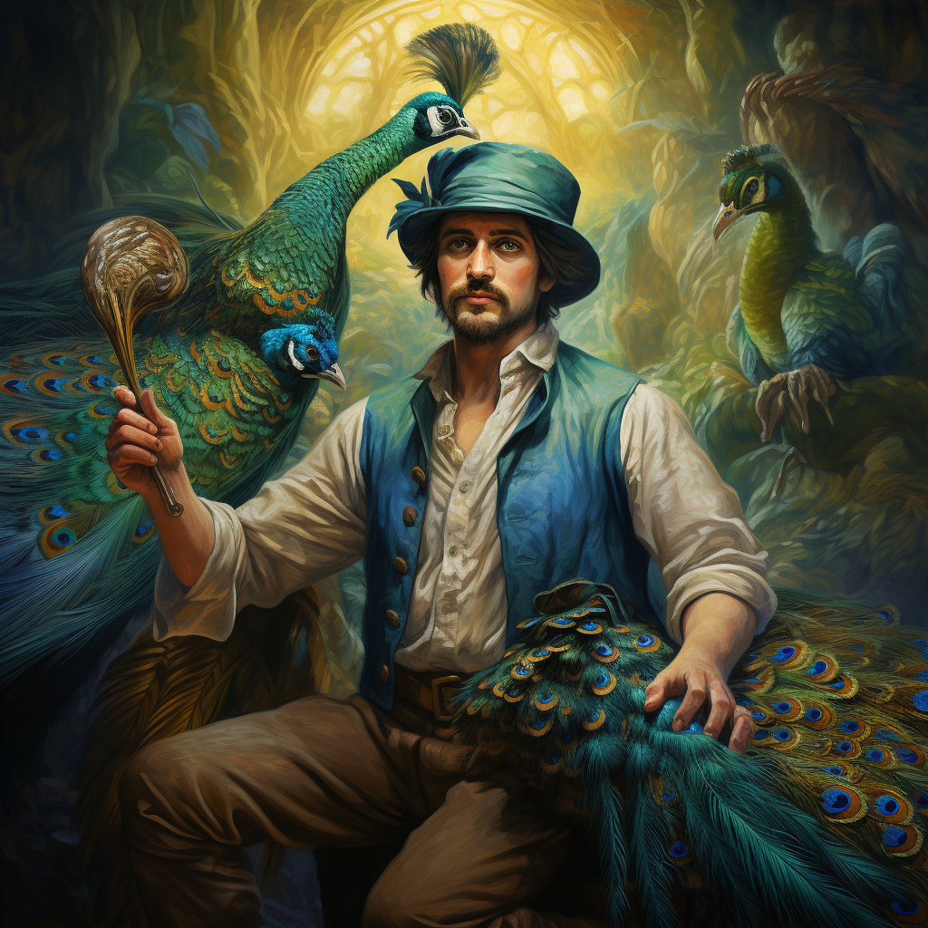 Mysterious man mining a light blue peacock